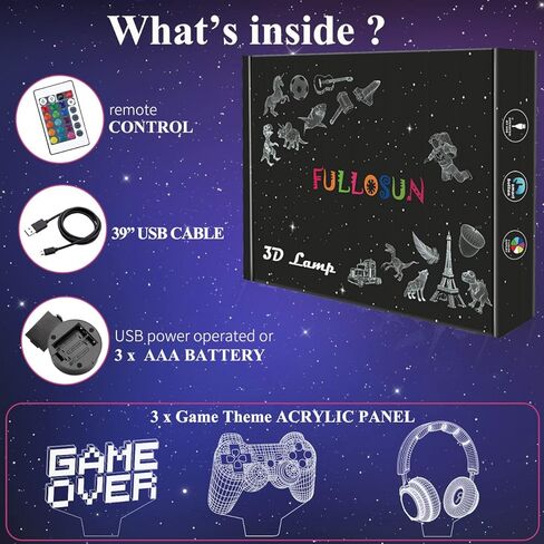 فولوسن مصباح بكسل جيم اوفر الوهمي، ضوء ليلي ثلاثي الابعاد (3 انماط) مع جهاز تحكم عن بعد و16 لون متغير لغرفة الالعاب وسماعة راس ديكور افضل هدية للاعبين in Kuwait
