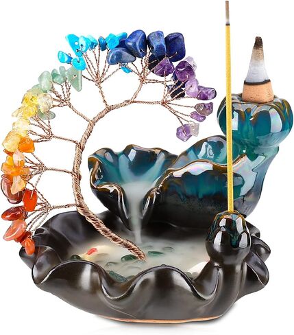 Backflow Incense Burner Ceramic Incense Waterfall 7 Chakras Crystal Tree Incense Holder Namaste Yoga Meditation and Home Decor in Kuwait
