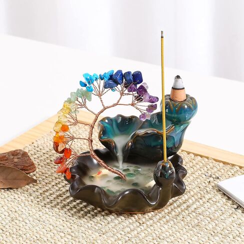 Backflow Incense Burner Ceramic Incense Waterfall 7 Chakras Crystal Tree Incense Holder Namaste Yoga Meditation and Home Decor in Kuwait