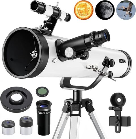 اتش اس ال تلسكوبات عاكسة 76700 للبالغين والمحترفين في علم الفلك، تلسكوبات للمبتدئين والاطفال بفتحة 8-12.76 ملم بطول بؤري 700 ملم مع فلتر محول ثلاثي القوائم 4 ملم 12.5 ملم 20 ملم عدسة 1.5X 5X in Kuwait