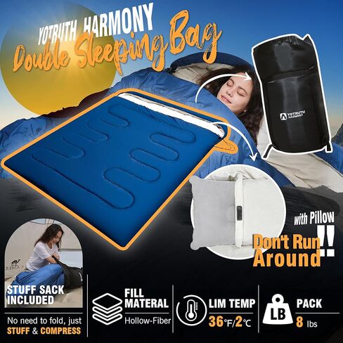 yotruth كيس نوم مزدوج مع وسادة للبالغين 3 مواسم حجم الملكة شخصين كيس النوم الطقس البارد التخييم كيس النوم أساسيات التخييم معدات التخييم اكسسوارات التخييم in Kuwait