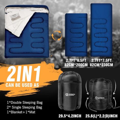 yotruth كيس نوم مزدوج مع وسادة للبالغين 3 مواسم حجم الملكة شخصين كيس النوم الطقس البارد التخييم كيس النوم أساسيات التخييم معدات التخييم اكسسوارات التخييم in Kuwait