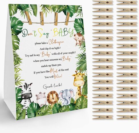 لافتة لعبة Don't Say Baby clothespin (علامة واحدة + 50 دبوس ملابس صغير)، لعبة استحمام الطفل سفاري على شكل حيوان، حمام طفل محايد للجنسين، زينة حمام الطفل in Kuwait