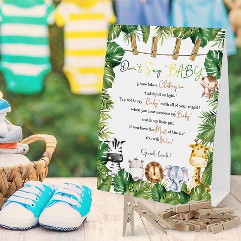 لافتة لعبة Don't Say Baby clothespin (علامة واحدة + 50 دبوس ملابس صغير)، لعبة استحمام الطفل سفاري على شكل حيوان، حمام طفل محايد للجنسين، زينة حمام الطفل in Kuwait