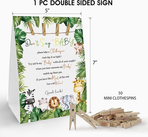 لافتة لعبة Don't Say Baby clothespin (علامة واحدة + 50 دبوس ملابس صغير)، لعبة استحمام الطفل سفاري على شكل حيوان، حمام طفل محايد للجنسين، زينة حمام الطفل in Kuwait