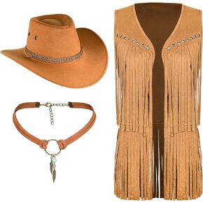 Tassel Vest for Women 70s Hippie Faux Suede Sleeveless Fringe Rivets Jacket with Cowboy Hat and Leather Necklace