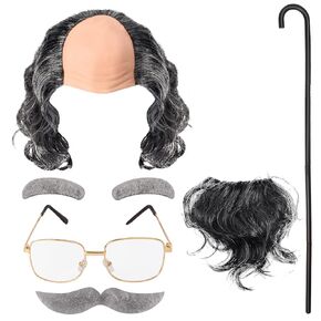 Keymall Old Man Wig And Mustache Set Grandpa Costume Accessories Kit With Grey Wig Fake Beard Eyebrows Cane Glasses for Men Adults teens (Grey wig set)