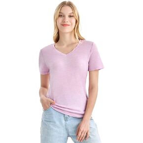 Merino Protect 100% Merino Wool V Neck T-Shirt for Women Short Sleeve Base Layers Odor Resistance Tops for Outdoor Hiking Pink Heather