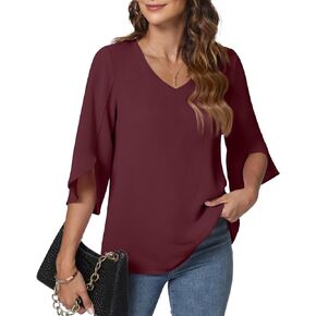 KUOTAI Womens Summer Tops Dressy Casual Shirts 3/4 Sleeve V-Neck Work Blouse Business Casual Shirt