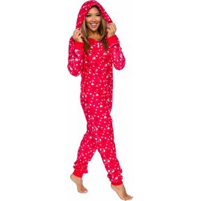 Funziez! Slim Red Heart Flapjack Pajamas - Black Adult Onesie Jumpsuit, One Piece PJs, Union Suit, Women's