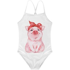KiuLoam Funny Pig Wearing Headscarf Girls One-Piece Swimsuit Quick Dry Beach Swim Bathing Suit for 3-8 Years Little Girls
