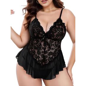 JuicyRose Women Plus Size Lingerie Bodysuit Sexy One Piece Teddy Floral Lace Babydoll Chemise