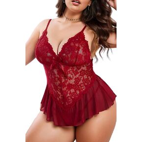 JuicyRose Women Plus Size Lingerie Bodysuit Sexy One Piece Teddy Floral Lace Babydoll Chemise