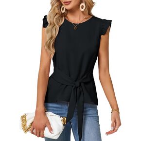JASAMBAC Womens Fashion Spring Summer Tops 2024 Elegant Crew Neck Ruffle Cap Sleeve Blouse Tie Front Dressy Casual Shirts