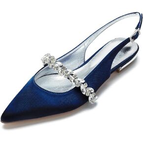 Women's Closed Toe Wedding Flats Slingback Pump Shoes for Bride Satin Crystal Pointed Toe Formal Party Flat Sandals