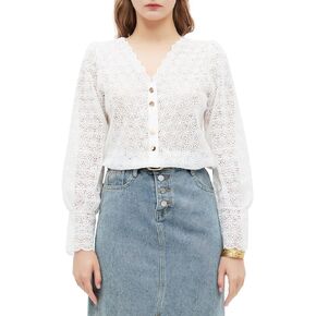Women's Long Sleeve Shirt with Lace Collar, Embroidery Blouse, Parisian Style Top, Chic & Vintage Women's Clothing