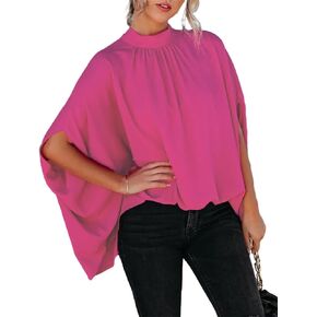 Women's Mock Neck Batwing Tops Half Sleeve Loose Chiffon Blouses Oversized Summer Shirts