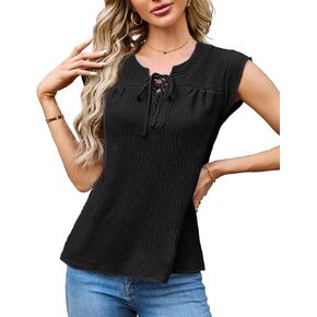 JASAMBAC 2024 Women's Fashion Tops Dressy Casual Summer Cap Sleeve Blouses V Neck Loose Fit Flowy Drawstring Shirts Tops