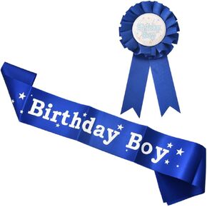 Birthday Boy Sash Tinplate Badge Pin Blue for Boys Birthday Party Decorations Supplies Props Birthday Boys Award Ribbon Corsage Bday Birthday Gifts for Son Grandson Nephew