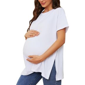 Ecavus المرأة قمصان الأمومة عادية سبليت الجانب الحمل بلايز البلوزات قصيرة الأكمام فضفاضة تناسب ملابس أمومة