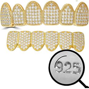Solid 925 Sterling Silver Real Grillz - 14k Yellow Gold Plated - Iced CZ - Custom Top & Bottom Grills For Teeth - Real Solid Silver NOT BRASS