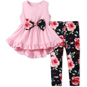 PATPAT Toddler Girl 2 Piece Pants Set Sleeveless Ruffle Hem and Floral Pants Leggings Set for Girls