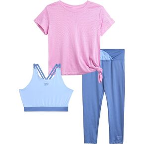 Reebok Girls' Active Leggings Set - 3 Piece Mesh Shirt, Capri Leggings, and Crop Cami Sports Bra - Summer Activewear (7-12)