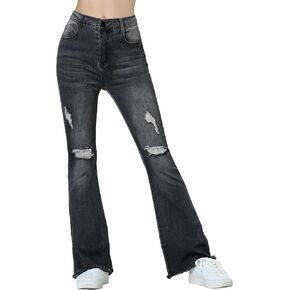 EXARUS Girls Jeans Pants Wide Leg/Flare/Skinny Denim Pant Ripped High Waist Elastic Band Casual with Pockets Kids 6-14Y