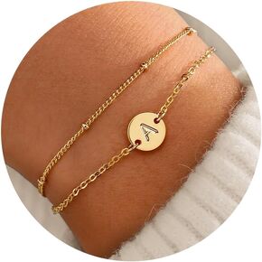 MONOZO Valentines Day Gifts - Gold Initial Bracelets for Women Girls - 16K Gold Plated Letter Initial Bracelet Personalized Disc Monogram Bracelet Gold Bracelets for Women Teen Girl Gifts Trendy Stuff