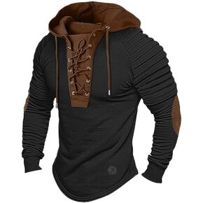 Men's Henley Shirt Hooded Long Sleeve Lace Up Vintage Solid Casual T-Shirt Tactical Patchwork Western Tee Sports