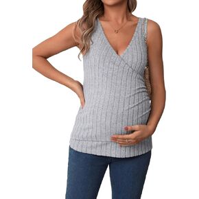 MakeMeChic Women's Maternity Shirt Summer Sleeveless Wrapped V Neck Rib Knit Ruched Pregnancy Tank Top