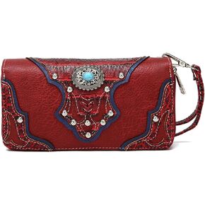 Conchos Studded Crocodile Laser Cut Cowgirl Western Style Country Purse Wrist Strap Women Wristlet Wallet (Brown), Large