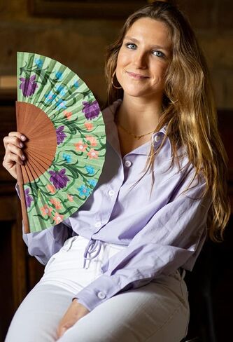 Tusitala Barcelona - Martina Hand Fan | Handcrafted Spanish Hand Fan | Cotton Fabric and Wood | Includes Protective Jute Cotton Bag | Authentic Gift | 23cm - 9". in Kuwait
