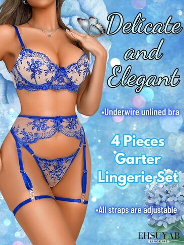 EHSUYAB 4Pc Womens Lingerie, Classy Floral Embroidery, Satin Bow, Garter Blet in Saudi Arabia