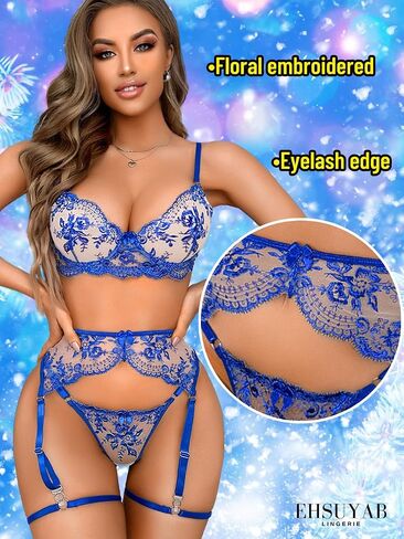 EHSUYAB 4Pc Womens Lingerie, Classy Floral Embroidery, Satin Bow, Garter Blet in Saudi Arabia