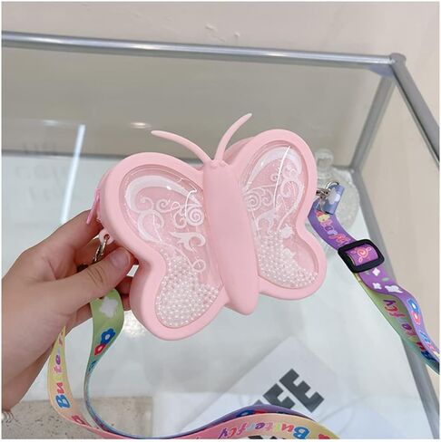 محفظة كروس للفتيات الصغيرات حقيبة كتف لطيفة على شكل فراشة الأميرة سيليكون للعملات المعدنية مع حزام قابل للتعديل (وردي) in Kuwait