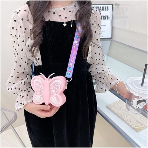 محفظة كروس للفتيات الصغيرات حقيبة كتف لطيفة على شكل فراشة الأميرة سيليكون للعملات المعدنية مع حزام قابل للتعديل (وردي) in Kuwait