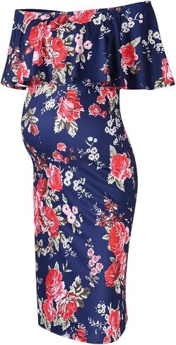 Women's Maternity Dress Off Shoulder Casual Maxi Dress (L,Navy printing2) in Kuwait