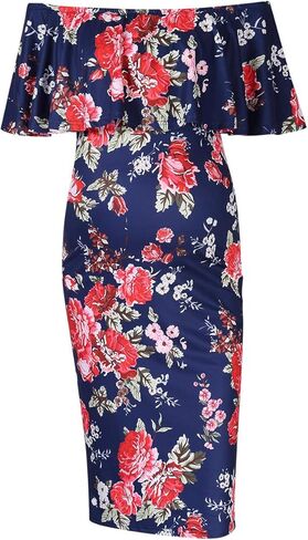 Women's Maternity Dress Off Shoulder Casual Maxi Dress (L,Navy printing2) in Kuwait