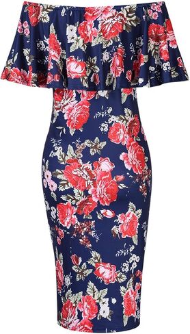 Women's Maternity Dress Off Shoulder Casual Maxi Dress (L,Navy printing2) in Kuwait