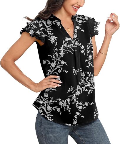 Sucolan Women's Summer Tops Dressy Casual Notch V Neck Ruffle Short Sleeve Flowy Shirts Cute Blouses Tops in Kuwait