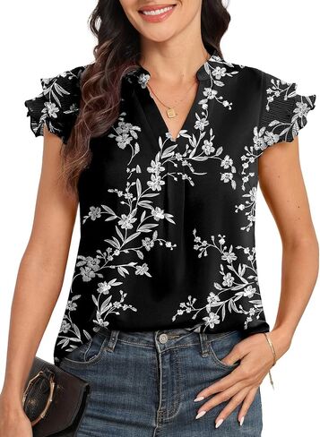 Sucolan Women's Summer Tops Dressy Casual Notch V Neck Ruffle Short Sleeve Flowy Shirts Cute Blouses Tops in Kuwait
