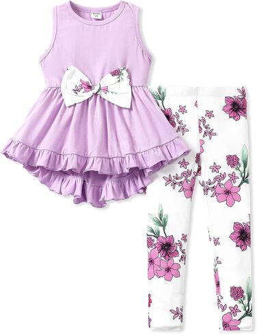 مجموعة سراويل باتبات للأطفال الصغار مكونة من قطعتين بدون أكمام وحاشية مكشكشة وسروال ضيق مزين بالزهور للفتيات in Kuwait