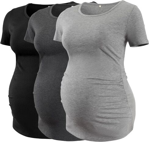 Ecavus 3 حزمة قمصان الأمومة النسائية قصيرة الأكمام مضلع تونك القمم مغرفة الرقبة عارضة الحمل تي شيرت in Kuwait