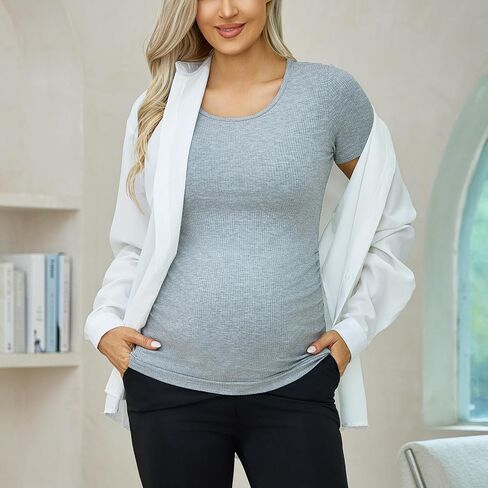 Ecavus 3 حزمة قمصان الأمومة النسائية قصيرة الأكمام مضلع تونك القمم مغرفة الرقبة عارضة الحمل تي شيرت in Kuwait