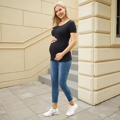 Ecavus 3 حزمة قمصان الأمومة النسائية قصيرة الأكمام مضلع تونك القمم مغرفة الرقبة عارضة الحمل تي شيرت in Kuwait