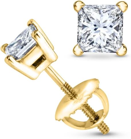 3/4 Carat Solitaire Diamond Stud Earrings Princess Cut 4 Prong Screw Back (D-F Color, I1 Clarity) in Saudi Arabia