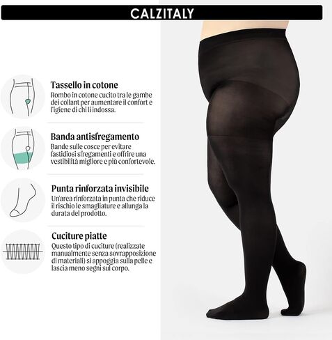 CALZITALY Plus Sizes Anti-Chafing Opaque Tights | 60 DEN | L - 4XL | Black | Italian Hosiery in Kuwait