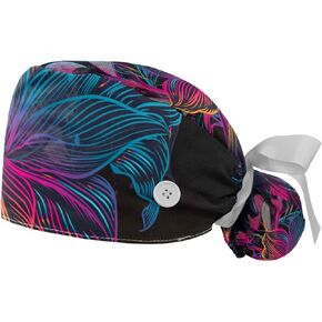 Cactus Rose Flowers Scrub Caps Women 2 Packs Working Cap with Ponytail Holder Adjustable Elastic Bandage Tie Back Hats