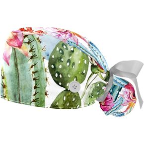 Cactus Rose Flowers Scrub Caps Women 2 Packs Working Cap with Ponytail Holder Adjustable Elastic Bandage Tie Back Hats